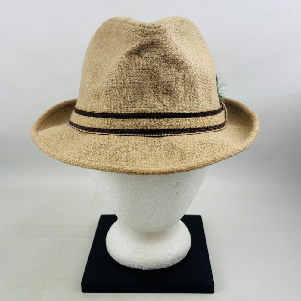 Vintage Stevens Tweed Feather Fedora Mens 7 3/8 Tan Wool USA Made